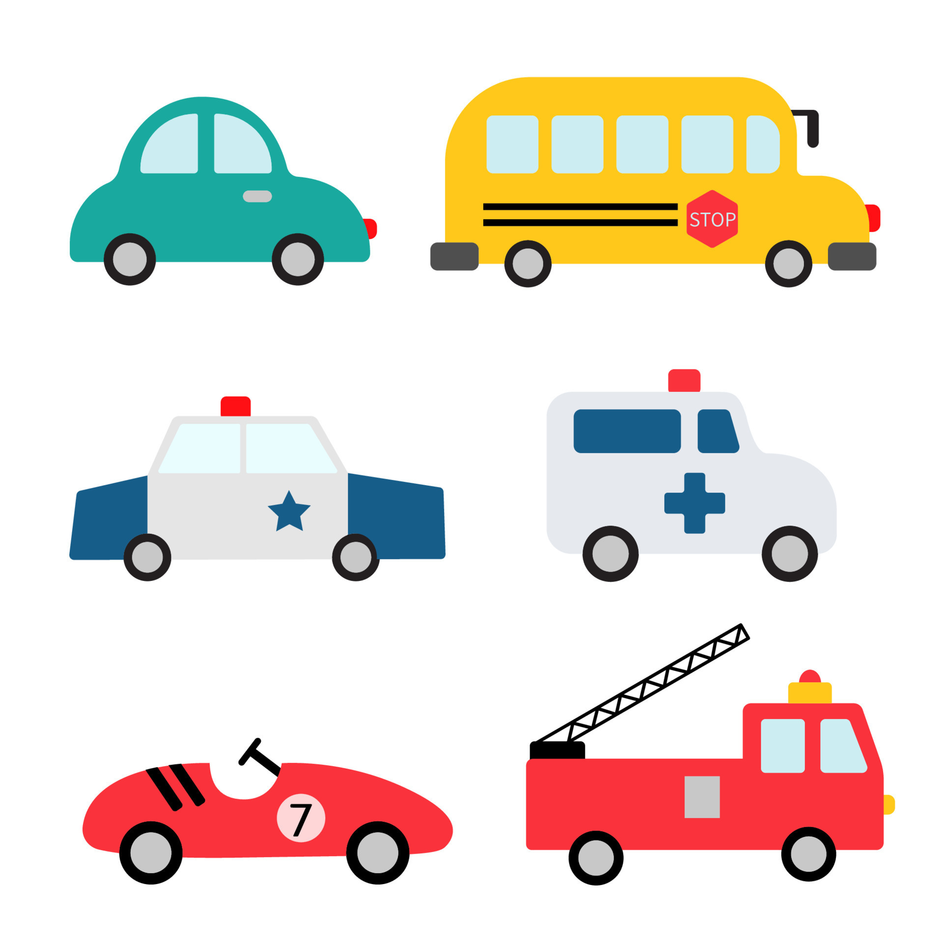 conjunto de carros da cidade do bebê. transporte engraçado. ilustração  vetorial dos desenhos animados em estilo simples infantil simples para  crianças. o carro de bombeiros, ambulância, polícia, ônibus escolar e  corridas isoladas